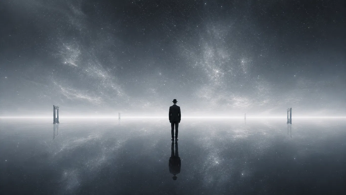 The Witness standing alone in a vast star-filled landscape