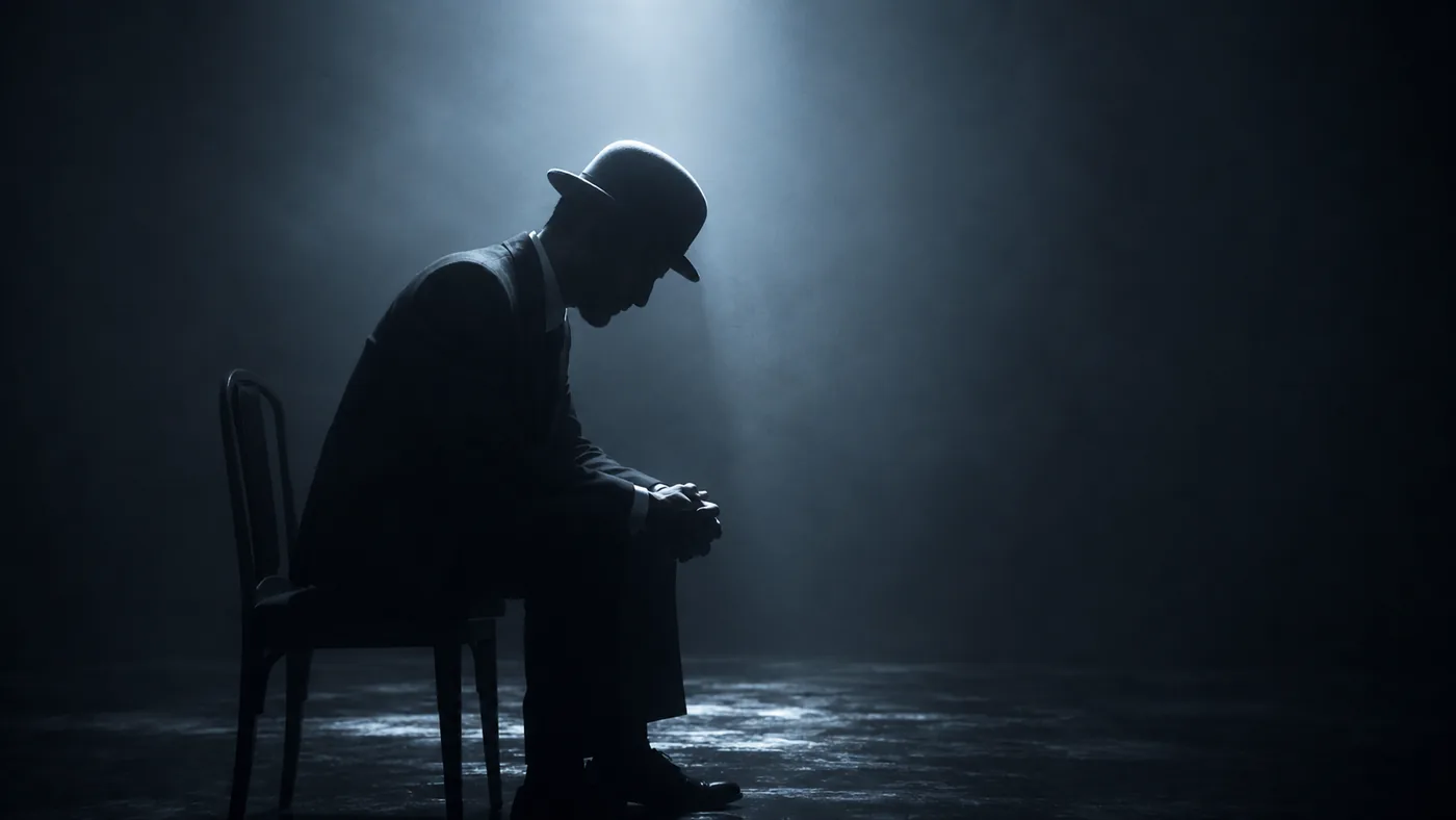 The Witness seated alone in a spotlight