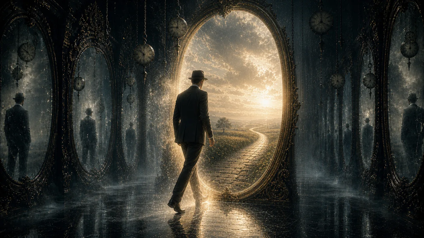 The Witness walking toward a luminous portal