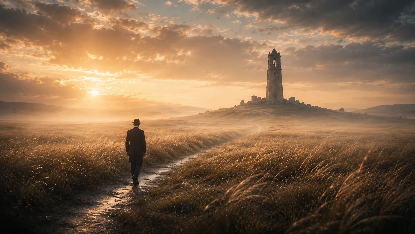 The Witness walking toward a distant tower through a golden field